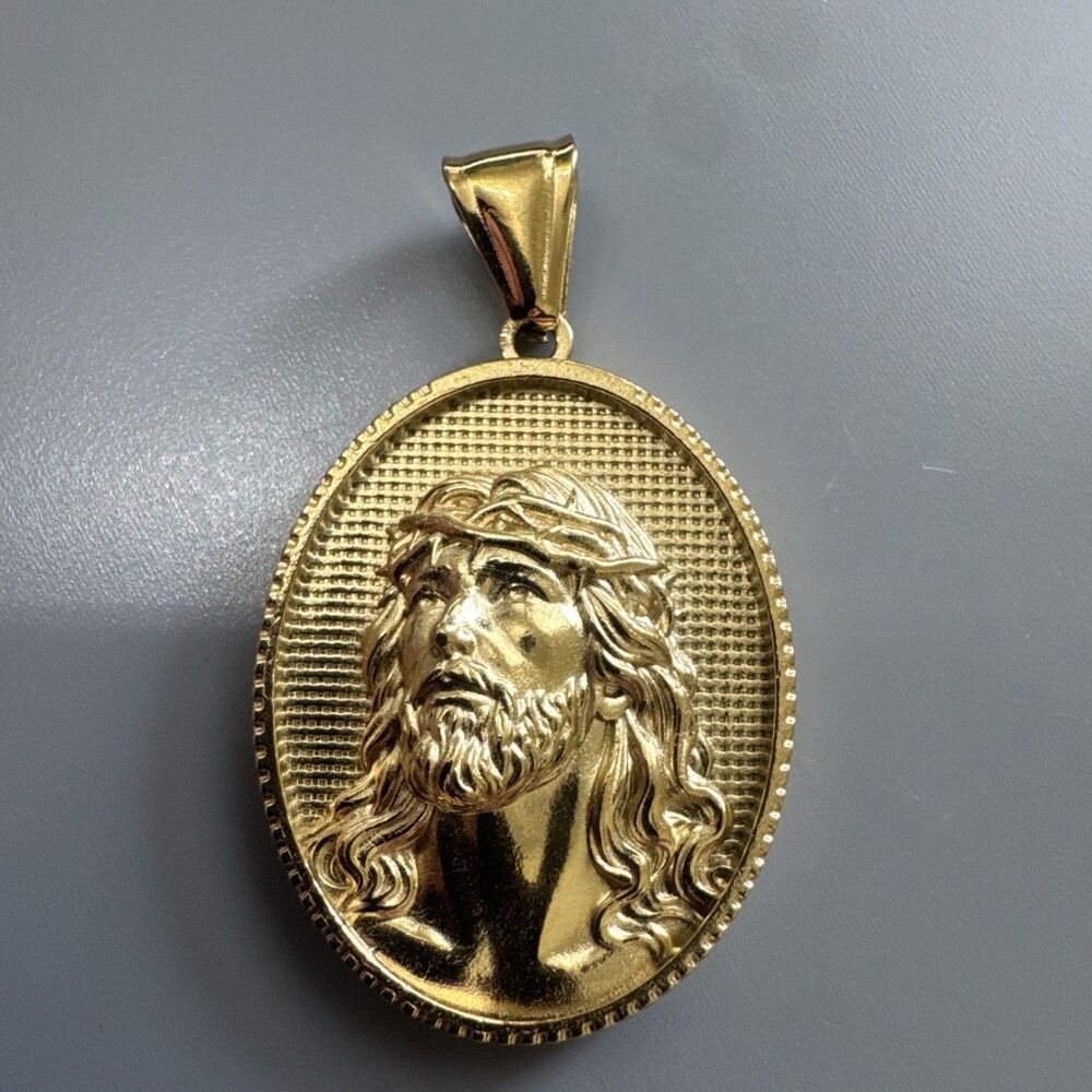 Jesus Christ Head Stainless Steel Pendant 24” Chain Religious Christian Gold